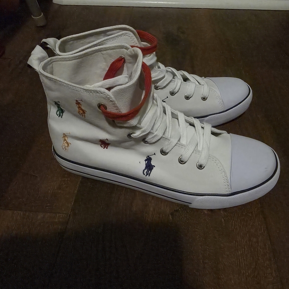 NWT-Polo Ralph Lauren White High-Top Sneakers with Multicolor Embroidery - Picture 10 of 16